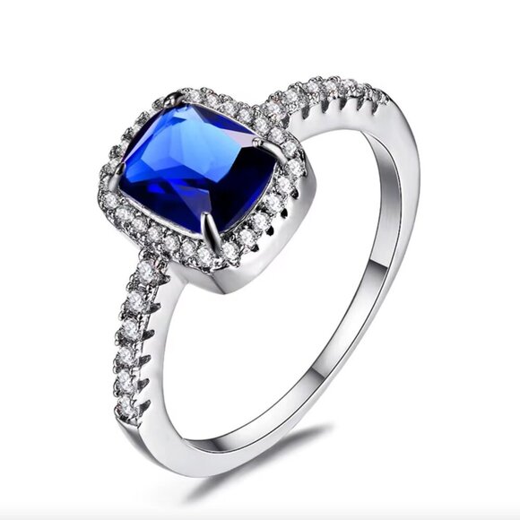 NEW 18k White Gold Blue Sapphire Diamond Ring Cushion Cut Ring - Picture 3 of 3
